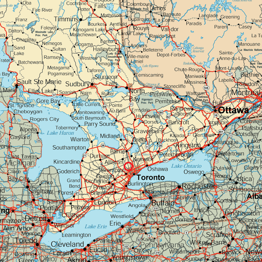 carte Ontario centrée sur Toronto